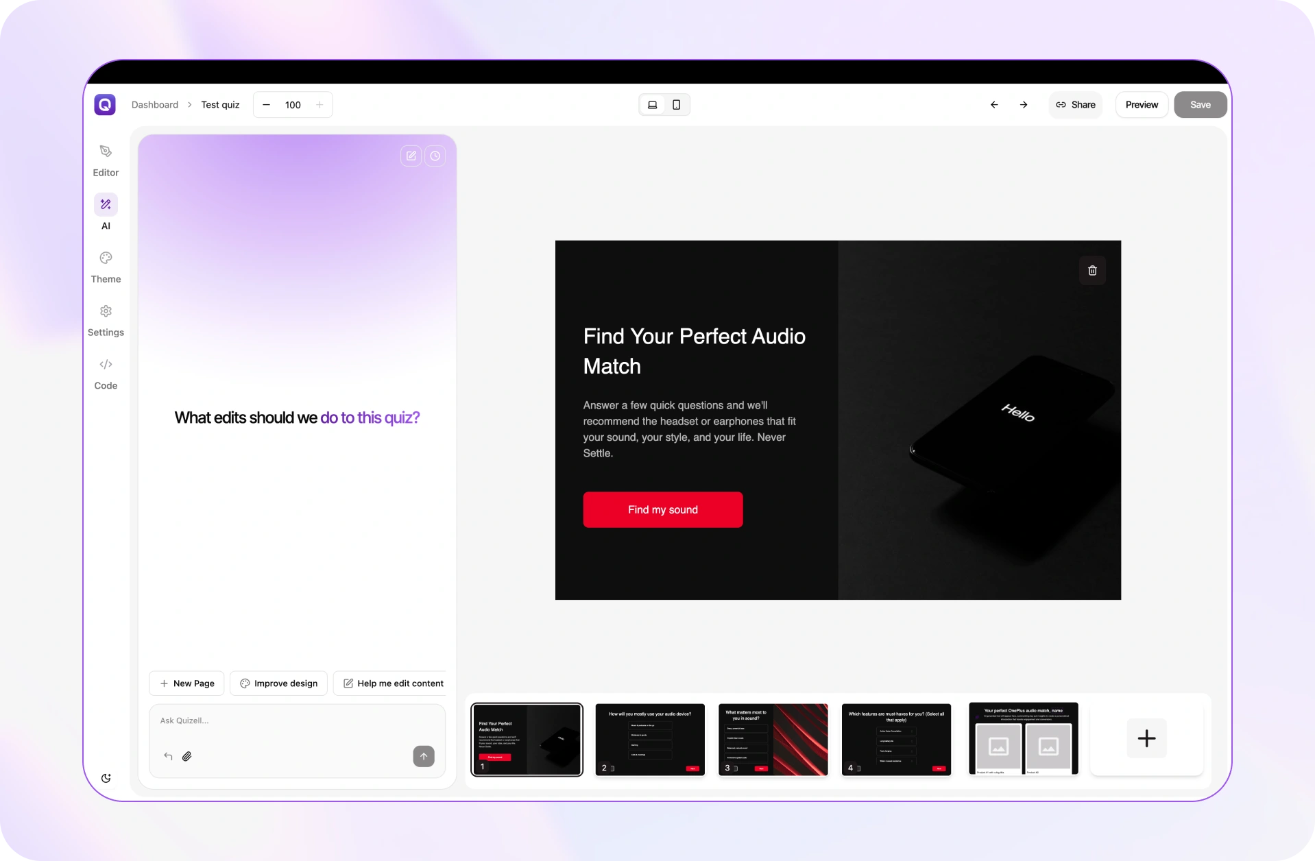 Quizell AI design editor restyling a quiz from a text prompt